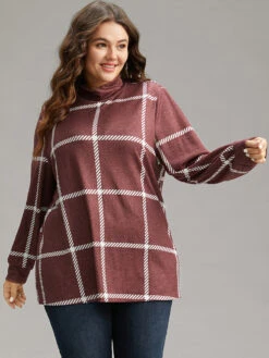 Plaid Geometric Contrast Funnel Neck T-shirt -Bloomchic Shop 157241145 ii