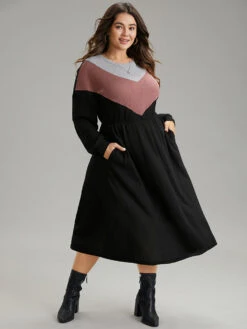 Colorblock Waffle Knit Pocket Drop Shoulder Dress -Bloomchic Shop 157591408 xk