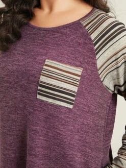 Striped Patchwork Pocket Raglan Sleeve T-shirt -Bloomchic Shop 157850839 cf