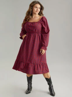 Gingham Square Neck Shirred Gathered Ruffles Dress -Bloomchic Shop 159376084 qj