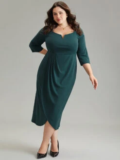 Solid Notched Pleated Wrap Hem Dress -Bloomchic Shop 159881636 ce