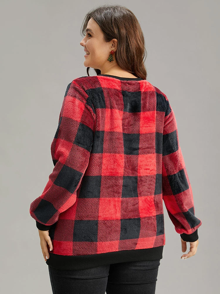 Plaid Print Round Neck Fluffy Sweatshirt 4 Plaid Print Round Neck Fluffy Sweatshirt - Image 2