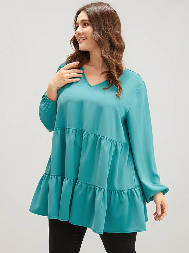 Solid V Neck Lantern Sleeve Ruffle Hem Blouse Without Belt 7 Solid V Neck Lantern Sleeve Ruffle Hem Blouse Without Belt - Image 5