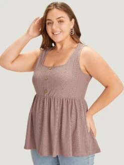 Plain Broderie Anglaise Gathered Button Detail Tank Top 11 Plain Broderie Anglaise Gathered Button Detail Tank Top -Bloomchic Shop 161235537 wp