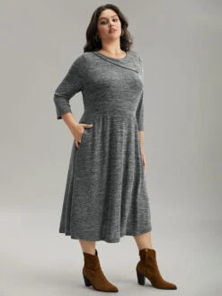 Solid Heather Button Detail Pocket Gathered Dress -Bloomchic Shop 162205552 nb