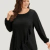 Plain Ruffle Trim Round Neck Lantern Sleeve T-shirt -Bloomchic Shop 162233894 uk