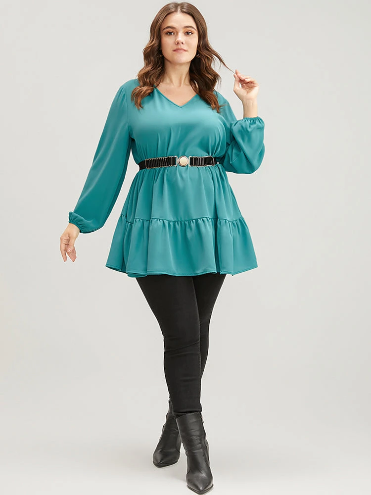 Solid V Neck Lantern Sleeve Ruffle Hem Blouse Without Belt 9 Solid V Neck Lantern Sleeve Ruffle Hem Blouse Without Belt - Image 7