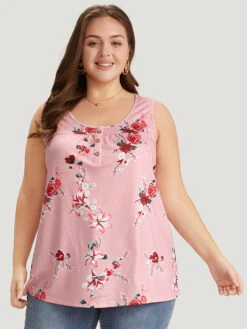 Floral Button Detail Round Neck Tank Top -Bloomchic Shop 163221147 ko
