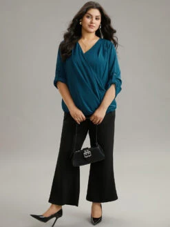 Solid Crossover Roll Tab Sleeve Blouse -Bloomchic Shop 163266397 nb