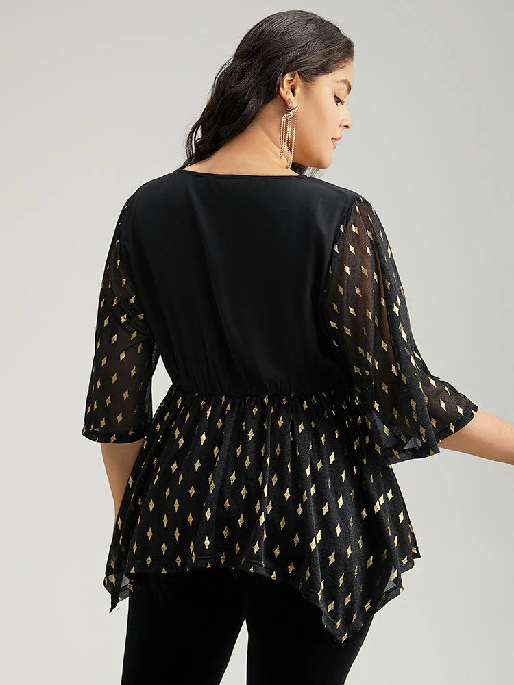 Glitter Patchwork Mesh Hanky Hem Blouse 5 Glitter Patchwork Mesh Hanky Hem Blouse - Image 3