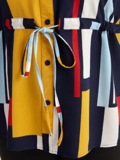 Geometric Contrast Drawstring Button Up Blouse -Bloomchic Shop 166352918 jk