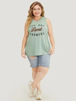 Letter Print Button Up Graphic Sleeveless Tank Top -Bloomchic Shop 166569644 rh