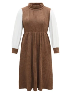 Rib Knit Patchwork Pocket Turtle Neck Dress -Bloomchic Shop 166923144 io