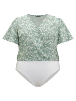 Ditsy Floral Overlap Collar Flutter Sleeve Bodysuit -Bloomchic Shop 167130423 gi