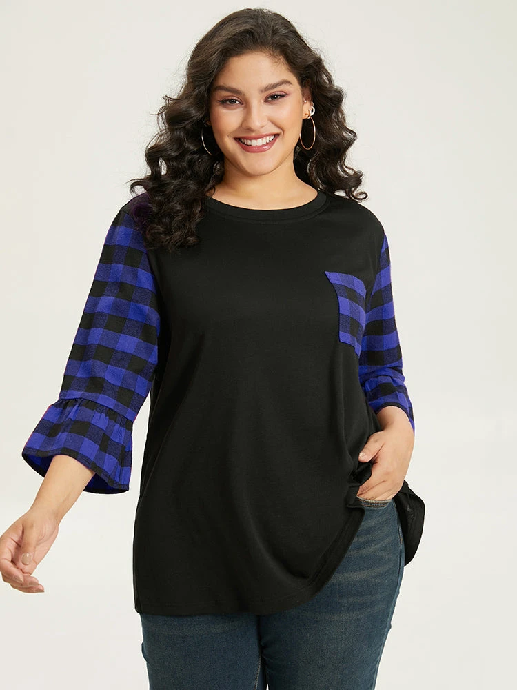 Plaid Patched Pocket Patchwork Contrast Bell Sleeve T-shirt 15 Plaid Patched Pocket Patchwork Contrast Bell Sleeve T-shirt - Image 13