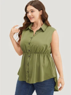 Solid Button Detail Ruffle High Low Hem Tank Top -Bloomchic Shop 167929248 ec