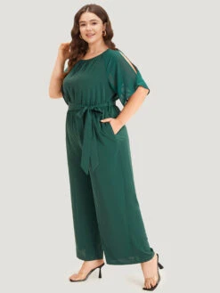 Solid Belted Pocket Cut Out Zipper Jumpsuit -Bloomchic Shop 168127549 ni
