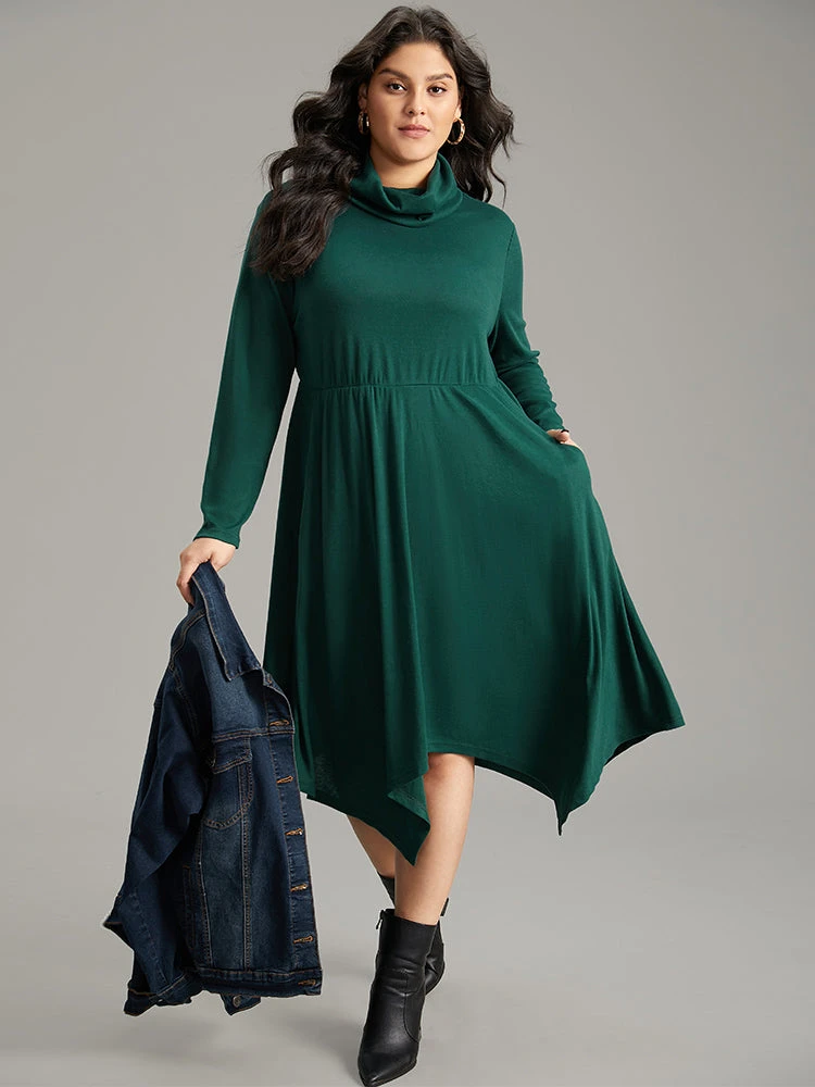 Solid Turtleneck Hanky Hem Pocket Dress 4 Solid Turtleneck Hanky Hem Pocket Dress - Image 2
