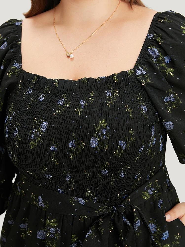 Floral Print Shirred Belted Square Neck Frill Trim Jumpsuit 7 Floral Print Shirred Belted Square Neck Frill Trim Jumpsuit - Image 5