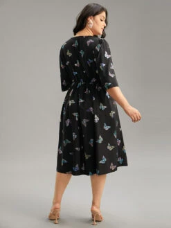 Butterfly Glitter V Neck Ruched Dress -Bloomchic Shop 170732401 mj