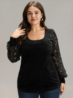 Lace Patchwork Square Neck Lantern Sleeve T-shirt -Bloomchic Shop 171049936 au 32daff71 928c 47b6 89d0 9c2f0762ef89