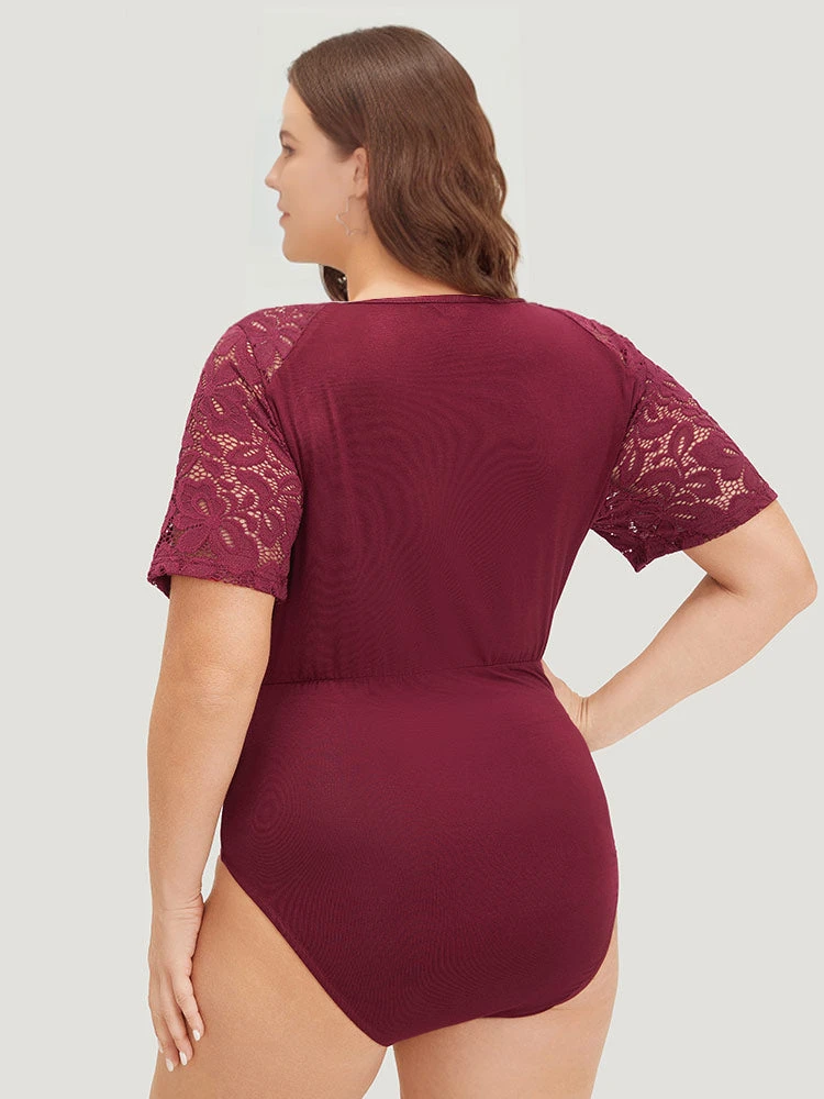 Plain Crochet Lace Mesh Surplice Neck Bodysuit 6 Plain Crochet Lace Mesh Surplice Neck Bodysuit - Image 4