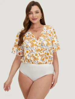 Plants Print Patchwork Surplice Neck Bodysuit -Bloomchic Shop 17198763 ep