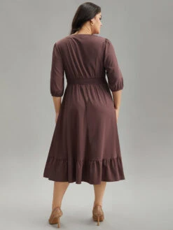 Solid Notched Lantern Sleeve Shirred Dress -Bloomchic Shop 172051259 wz