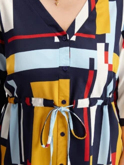 Geometric Contrast Drawstring Button Up Blouse -Bloomchic Shop 172200852 dh