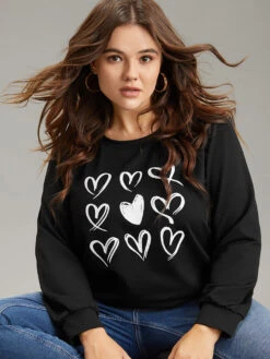 Heart Print Round Neck Sweatshirt -Bloomchic Shop 172689449 nt
