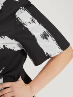 Brush Print Shirt Collar Elastic Waist Bodysuit -Bloomchic Shop 173273765 fc