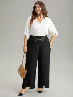 Static-Free Metal Chain Detail Split Hem Pants -Bloomchic Shop 173696702 nh