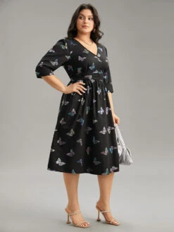 Butterfly Glitter V Neck Ruched Dress -Bloomchic Shop 176067131 we