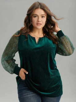 Velvet Patchwork Mesh Sequin Notched T-shirt