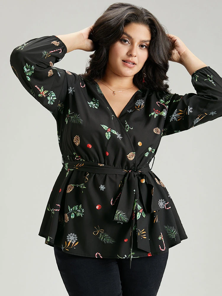 Christmas Elastic Waist Belted Wrap Blouse 7 Christmas Elastic Waist Belted Wrap Blouse - Image 5