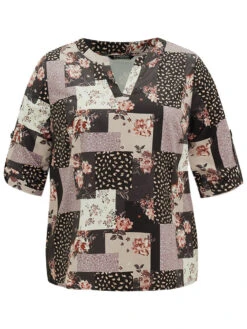 Floral Colorblock Contrast Tab Sleeve Blouse -Bloomchic Shop 17764882 wb