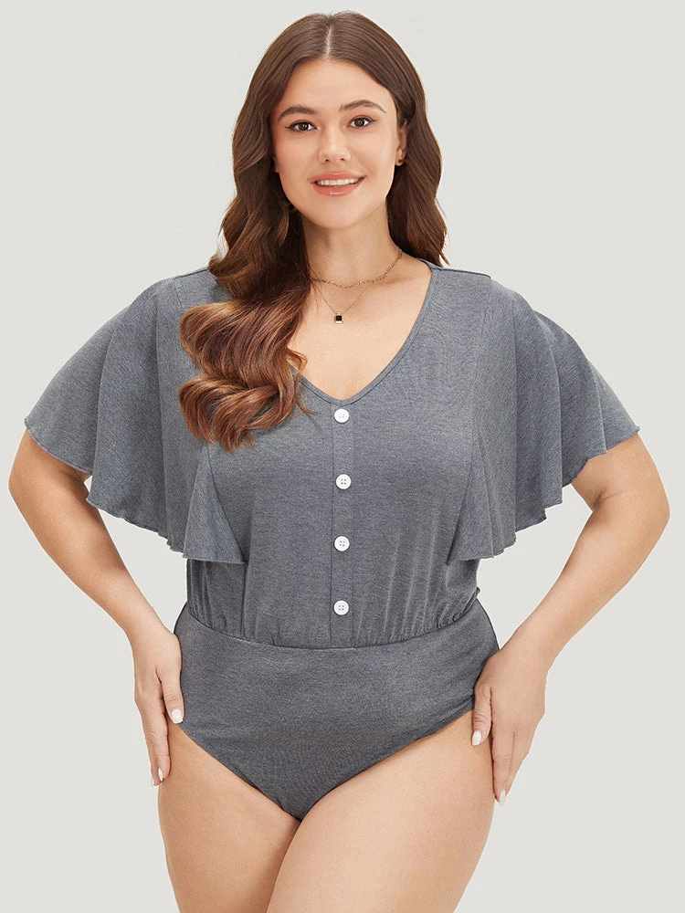 Plain Button Detail Flutter Sleeve Bodysuit 3 Plain Button Detail Flutter Sleeve Bodysuit