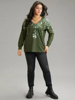 Plants Print V Neck Elastic Cuffs Sweatshirt -Bloomchic Shop 178077423 az