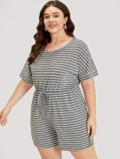 Striped Print Pocket Ties Elastic Waist Jumpsuit