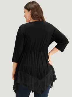 Plain Ruched Lace Patchwork Hanky Hem T-shirt -Bloomchic Shop 180284679 os