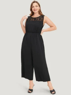 Solid Lace Mesh Pocket Sleeveless Jumpsuit -Bloomchic Shop 180899456 we