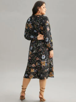 Floral Print Shirred Gathered Stand Collar Dress -Bloomchic Shop 18101316 ko