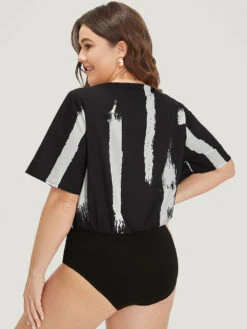 Brush Print Shirt Collar Elastic Waist Bodysuit -Bloomchic Shop 181151094 hw