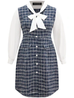 Plaid Patchwork Pocket Button Detail Ties Dress -Bloomchic Shop 182566179 il