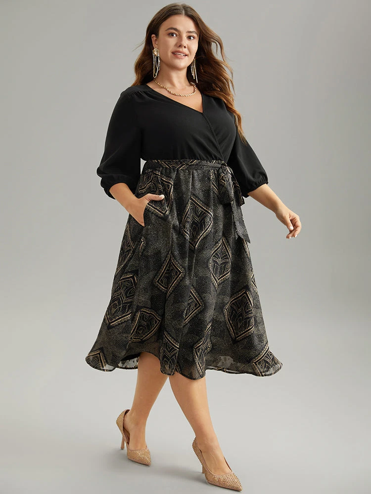 Chiffon Moroccan Print Glitter Belted Overlap Collar Dress 4 Chiffon Moroccan Print Glitter Belted Overlap Collar Dress - Image 2