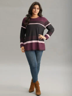 Striped Colorblock Contrast Round Neck T-shirt -Bloomchic Shop 183947102 gy