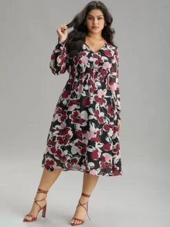 Floral Print Chiffon Shirred Elastic Cuffs Dress -Bloomchic Shop 184065062 xv