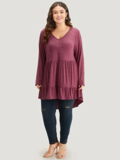 Solid Ruffle Layered Gathered High Low Hem T-shirt -Bloomchic Shop 184425624 tl