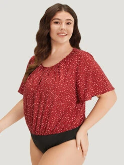 Polka Dot Elastic Waist Plicated Detail Ruffle Sleeve Bodysuit -Bloomchic Shop 184563159 ti