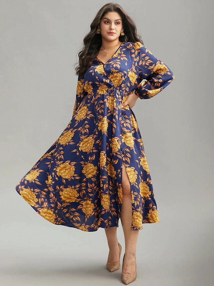 Floral Elastic Waist Wrap Split Hem Dress 5 Floral Elastic Waist Wrap Split Hem Dress - Image 3